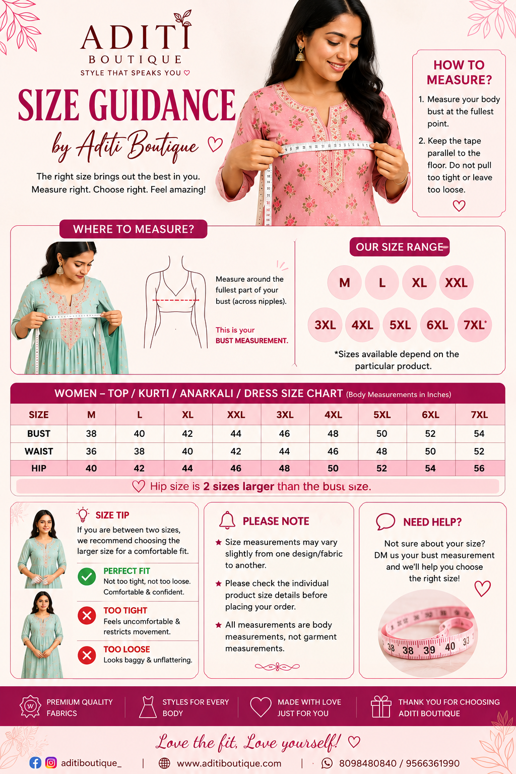 Aditi Boutique Official Size Guidance Chart